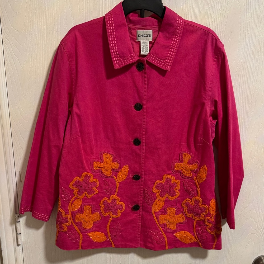 Chicos Women's Large Pink Orange Jacket Button Down Long Sleeve Appliqué Flowers